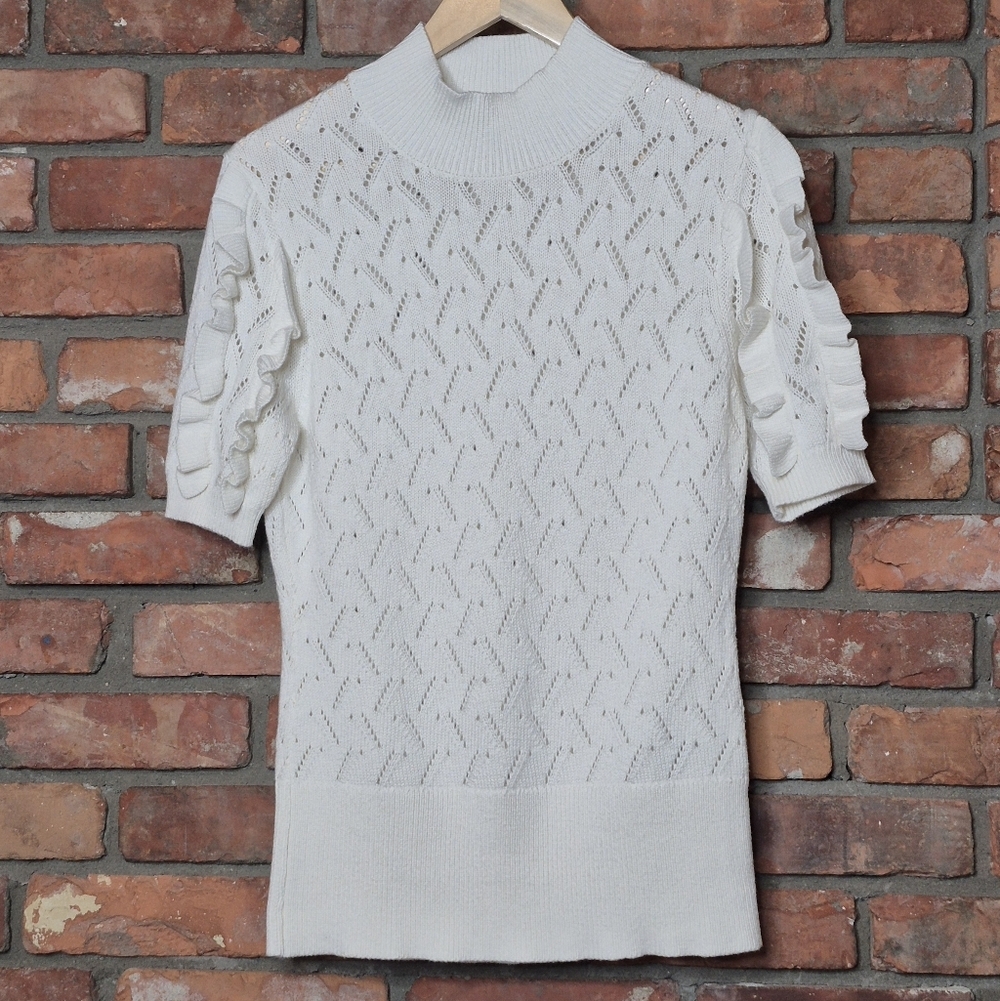 White House Black Market Ruffle Sleeve Pointelle Mock Neck Sweater Top Silk